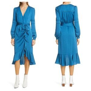 Veronica Beard Miriam Dress 6 Cerulean Blue Tie Waist Long Sleeve Ruffle Midi